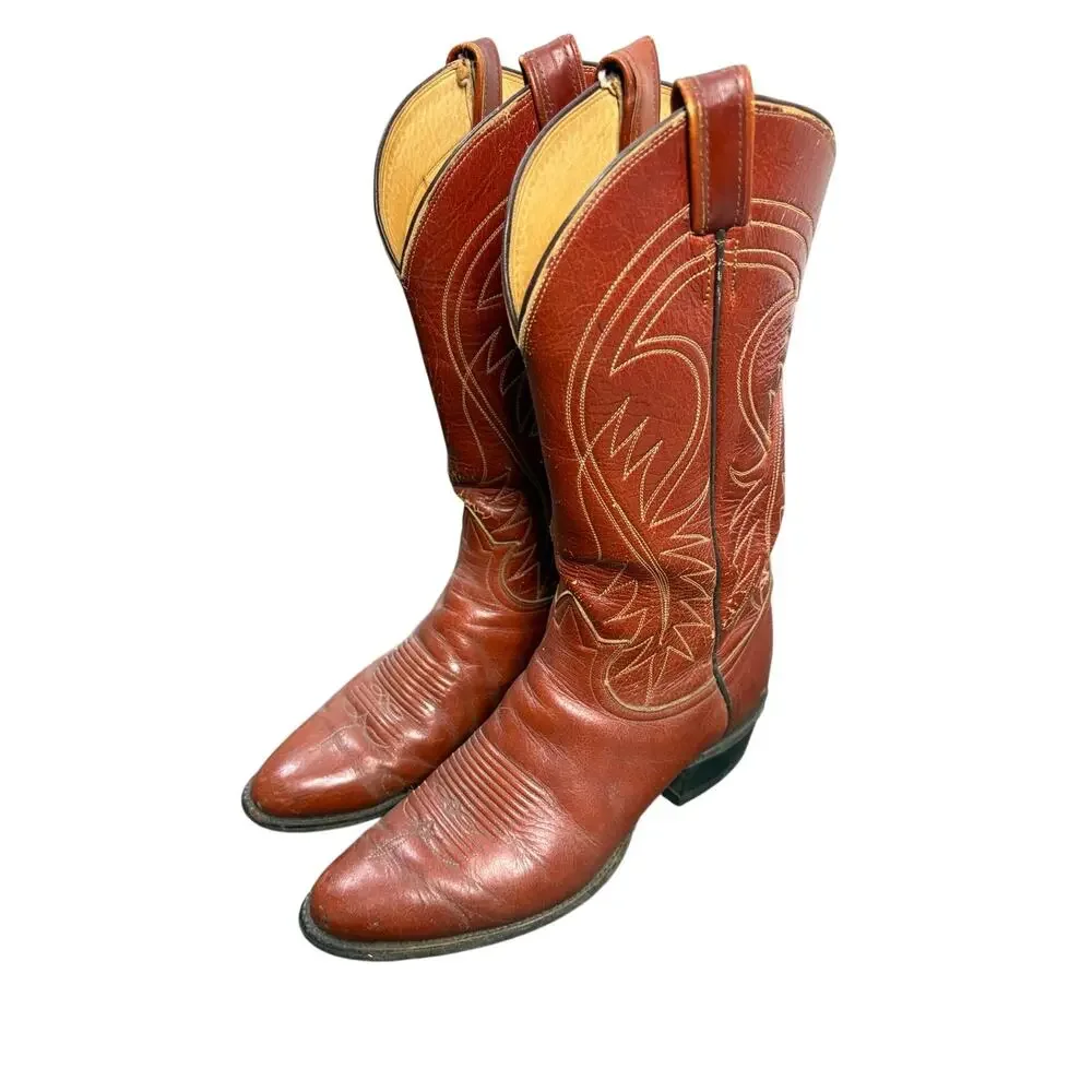 Tony Lama Cowboy Boot Cognac Distressed Leather USA Western Heritage Vintage 9.5